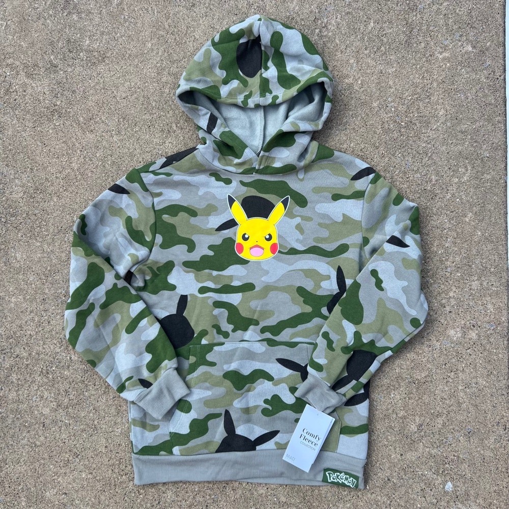 Pokemon Pikachu Camo Hoodie Kids Medium Mad Engine Comfy Fleece Green Grey NWT